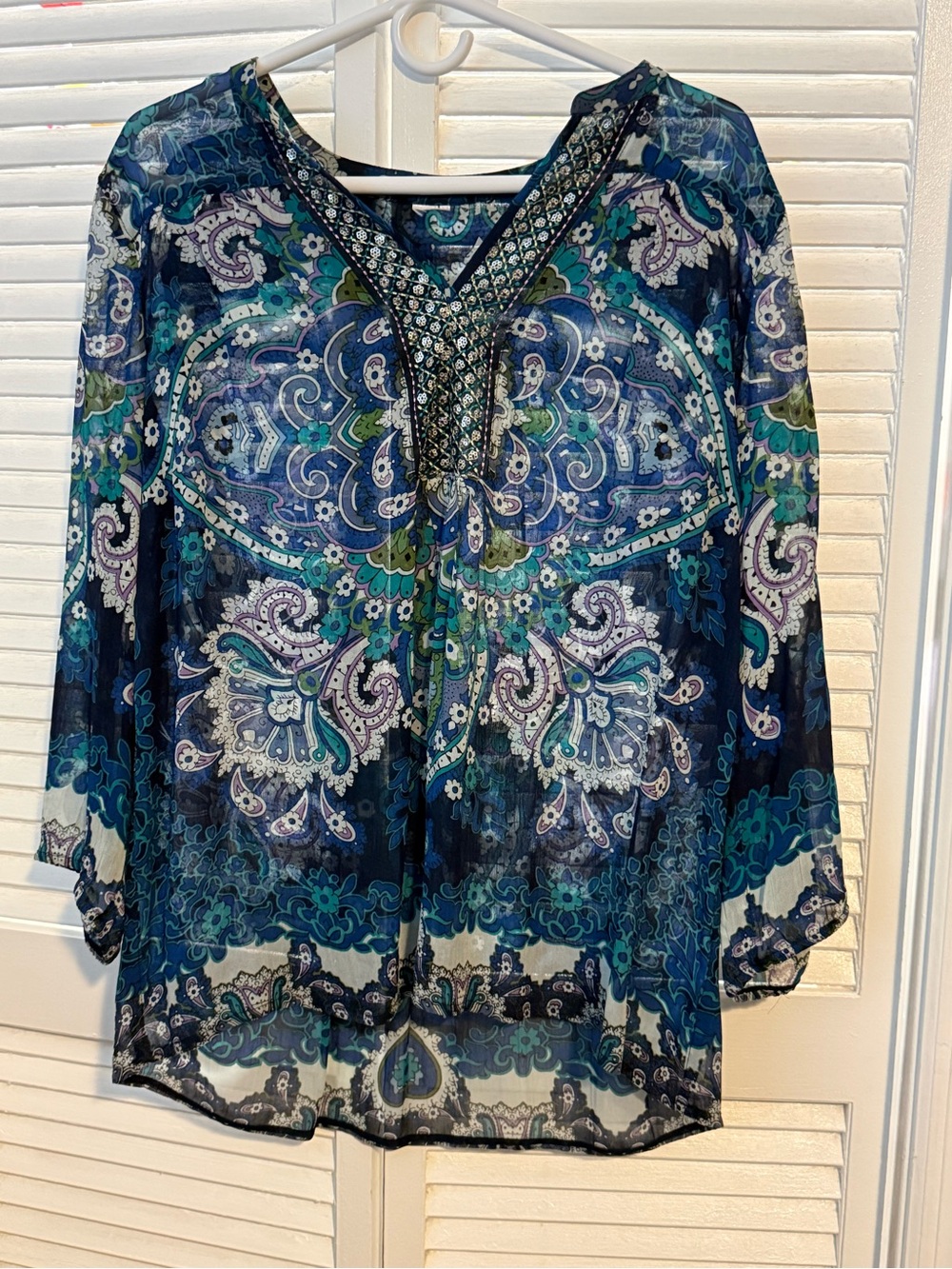 Indie Boho Eclectic Fairy Artsy Women’s Retro Blue Paisley V-Neck Sheer Tunic